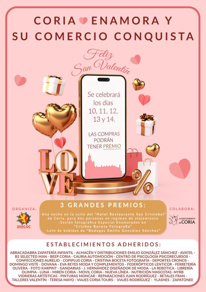 ASECOC Y EL AYUNTAMIENTO DE CORIA PROMUEVEN LA CAMPAÑA COMERCIAL DE SAN VALENTÍN DENOMINADA “CORIA ENAMORA Y SU COMERCIO CONQUISTA”